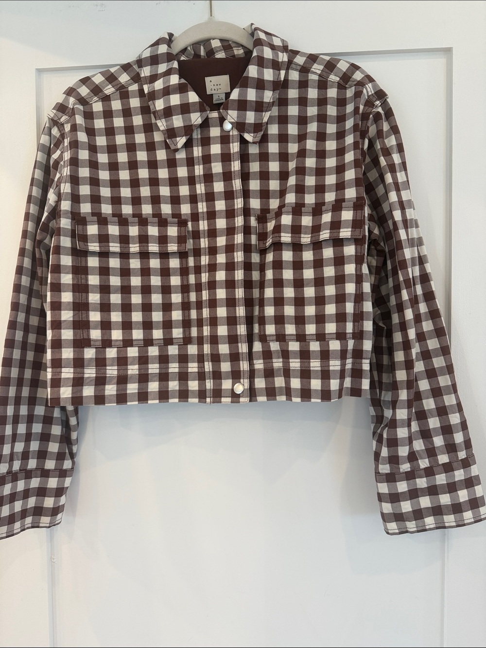 A New Day Transitional  Brown & White Gingham Utility Cropped Jacket